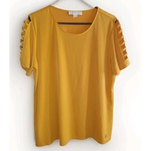 Michael Kors SZ M Womens Marigold Mustard Top Shirt Open Ladder Sleeve Career